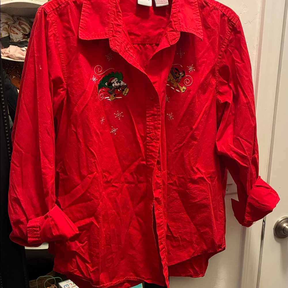 Disney Red Button Down Shirt with Embroidered Characters